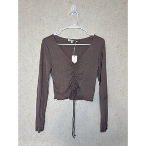 NWT Womens Baby Tee Long Sleeve Ribbed Scrunched Front Tie V-Neck Y2k 90s MEDIUM